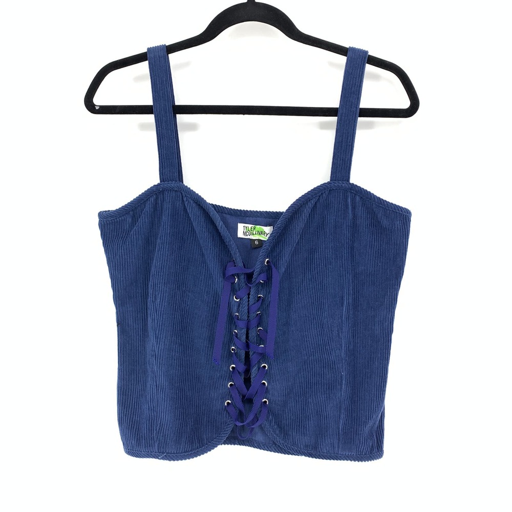 Tyler McGillivary Shirt Women's Size 6 Lace Up Corset Style Top Blue Corduroy